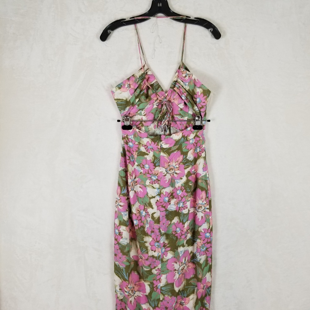 Zara Midi Dress Women Small Pink Floral Linen Blend Halter Button Front Boho - Picture 4 of 10